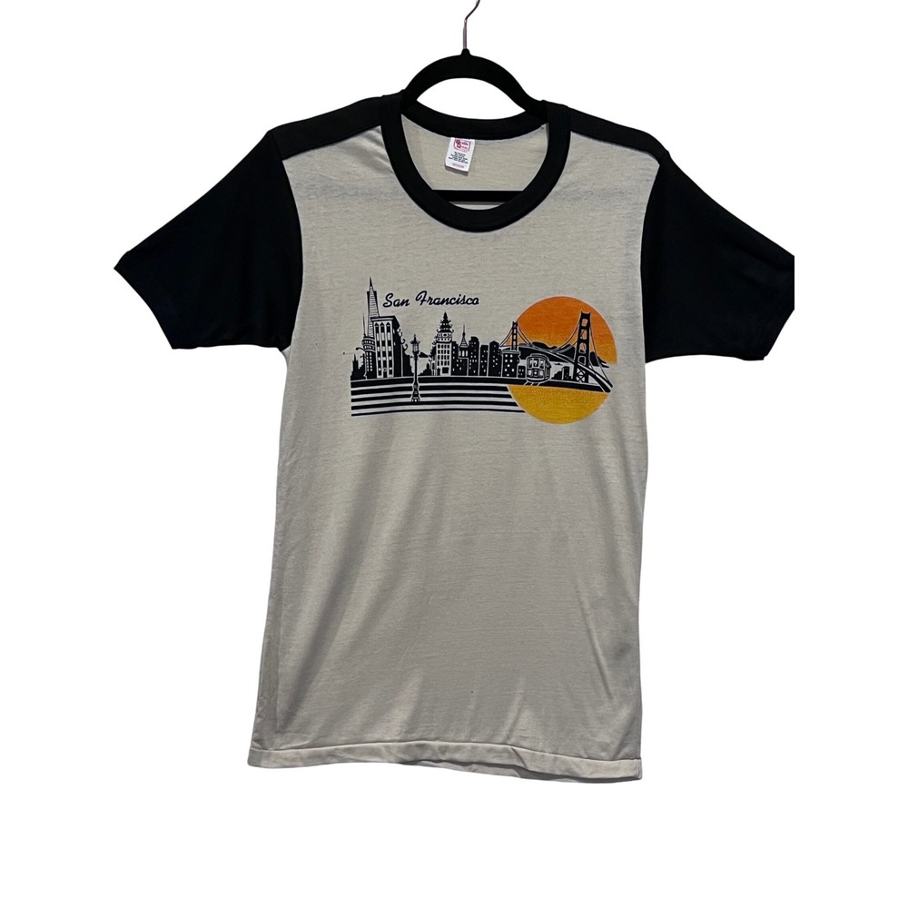 Vintage‎ 70s San Francisco Skyline Graphic Ringer T Shirt Beige Black Medium